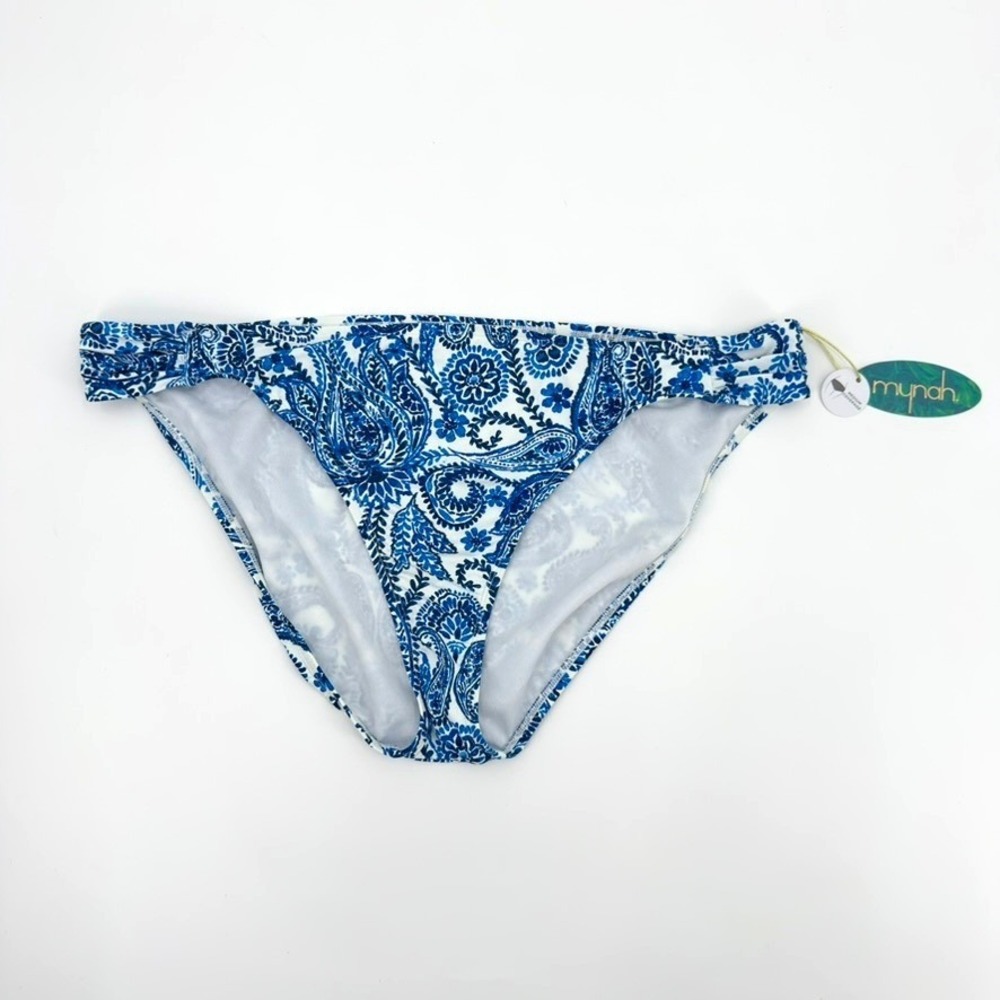 Mynah Blue White Paisley Floral Hipster Bikini Bottoms Strappy Sides XXL NEW